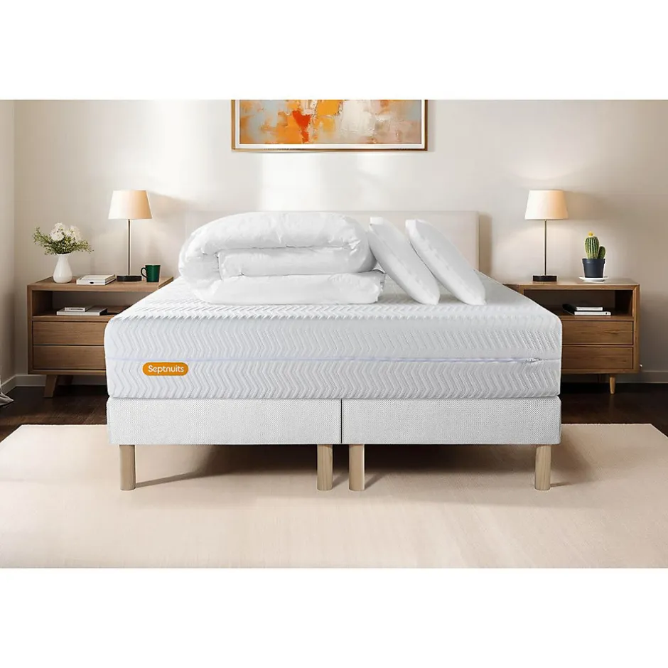 Sept Nuits Pack sommier tapissier matelas Mémoire de forme avec couette et oreillers