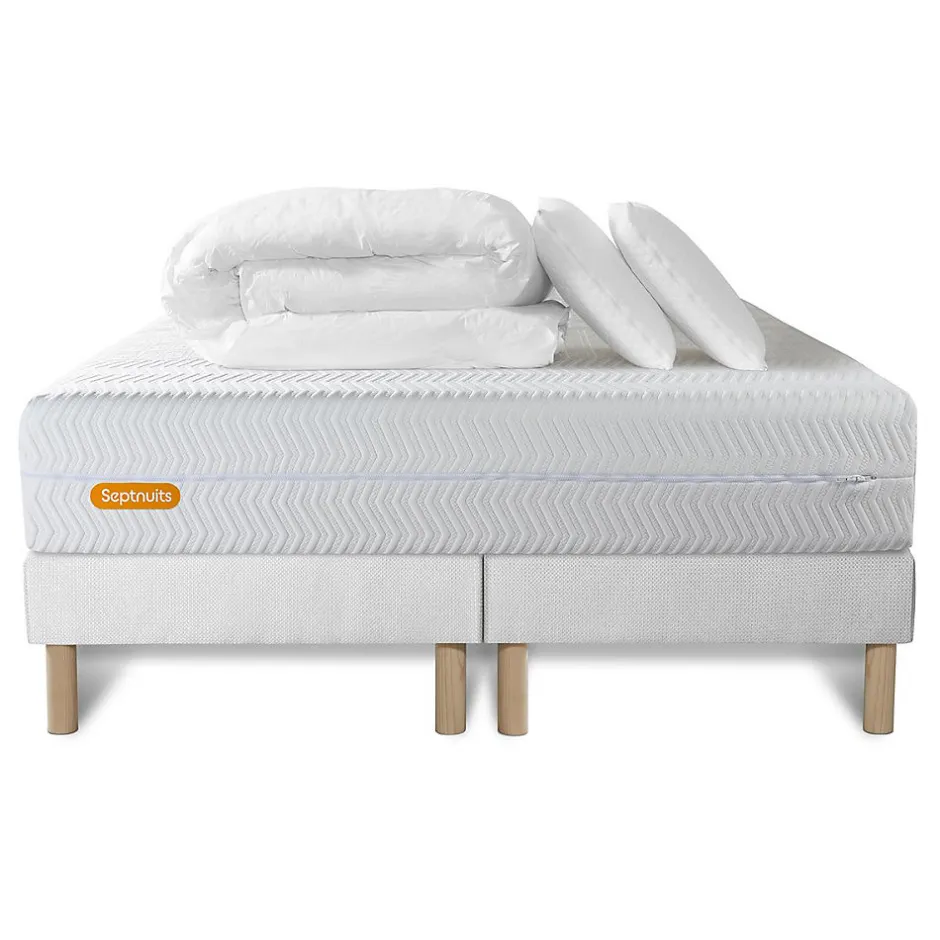 Sept Nuits Pack sommier tapissier matelas Mémoire de forme avec couette et oreillers