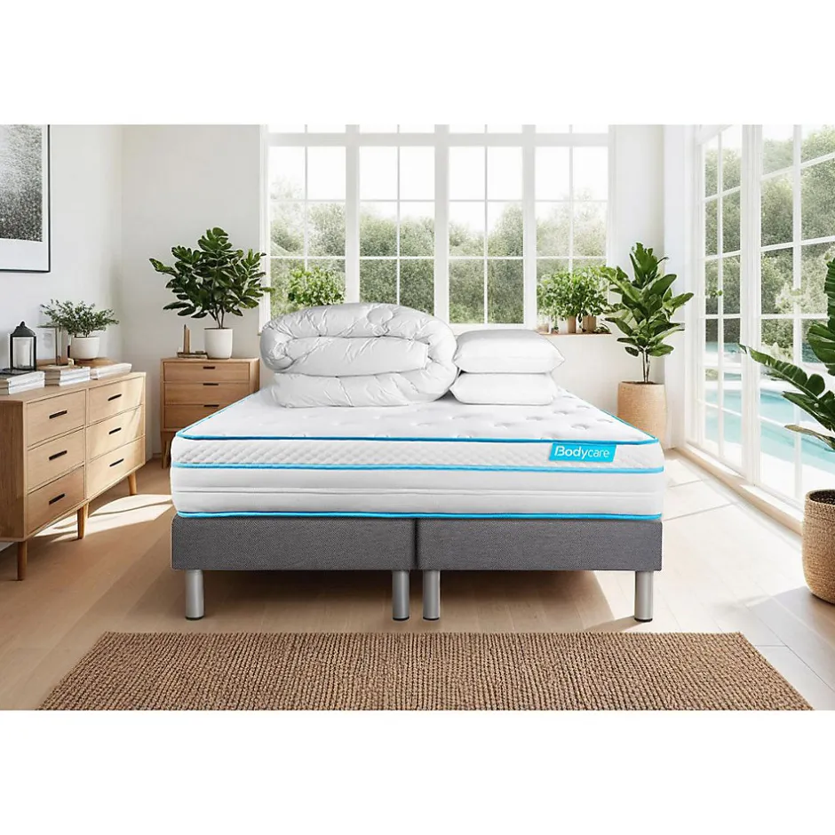 Bodycare Pack sommier tapissier matelas Ressorts ensachés et mémoire de forme avec couette et oreillers