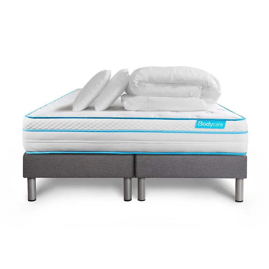 Bodycare Pack sommier tapissier matelas Ressorts ensachés et mémoire de forme avec couette et oreillers