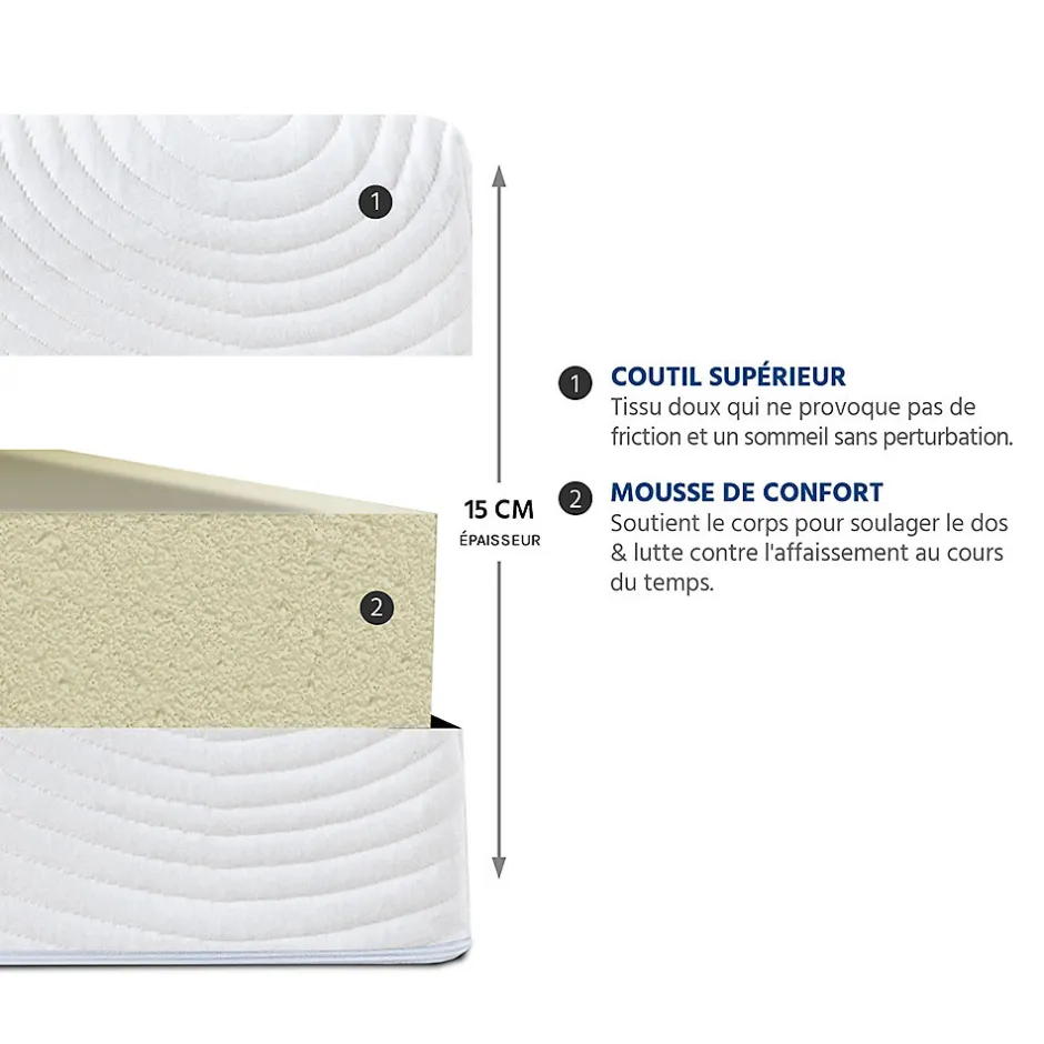 Bellecour Pack Vosges 90x190 cm Matelas Mousse Haute Densité + Sommier Bois + Accessoires