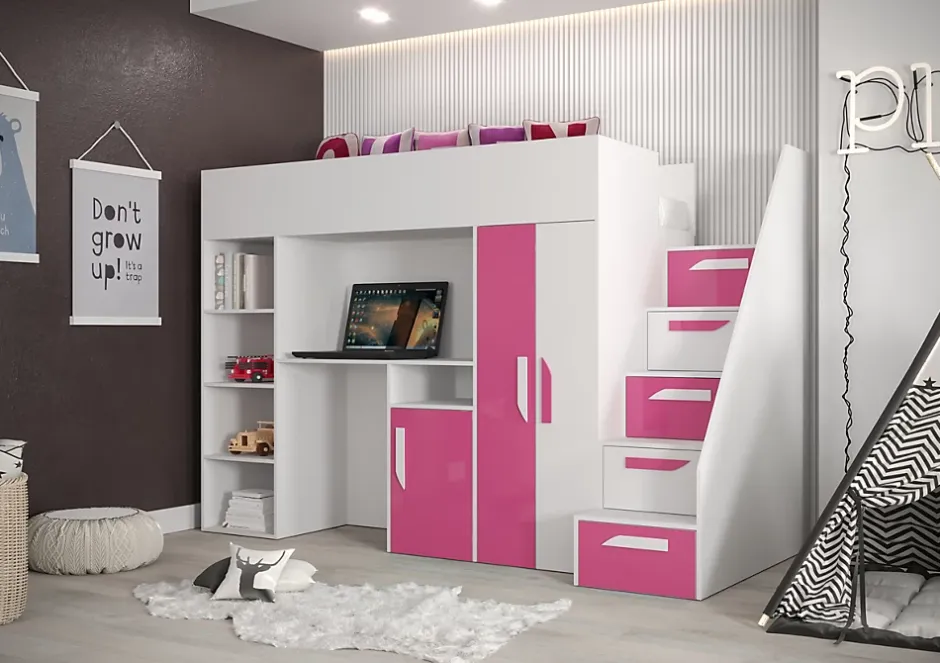 Abiks Meble PARTY 14 Lit superposé 247/165/120 (blanc/rose)
