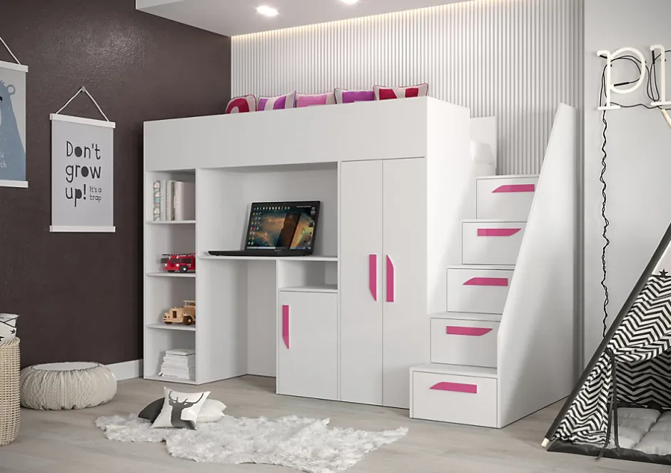 Enfant Abiks Meble PARTY 14 Lit superposé 247/165/120 (blanc/blanc/rose)