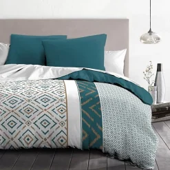 Home Linge Passion Parure de couette Microfibre ETHNO 220x240cm et 2 taies d'oreillers 63x63cm Bleu Canard