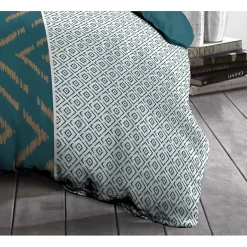 Home Linge Passion Parure de couette Microfibre ETHNO 220x240cm et 2 taies d'oreillers 63x63cm Bleu Canard