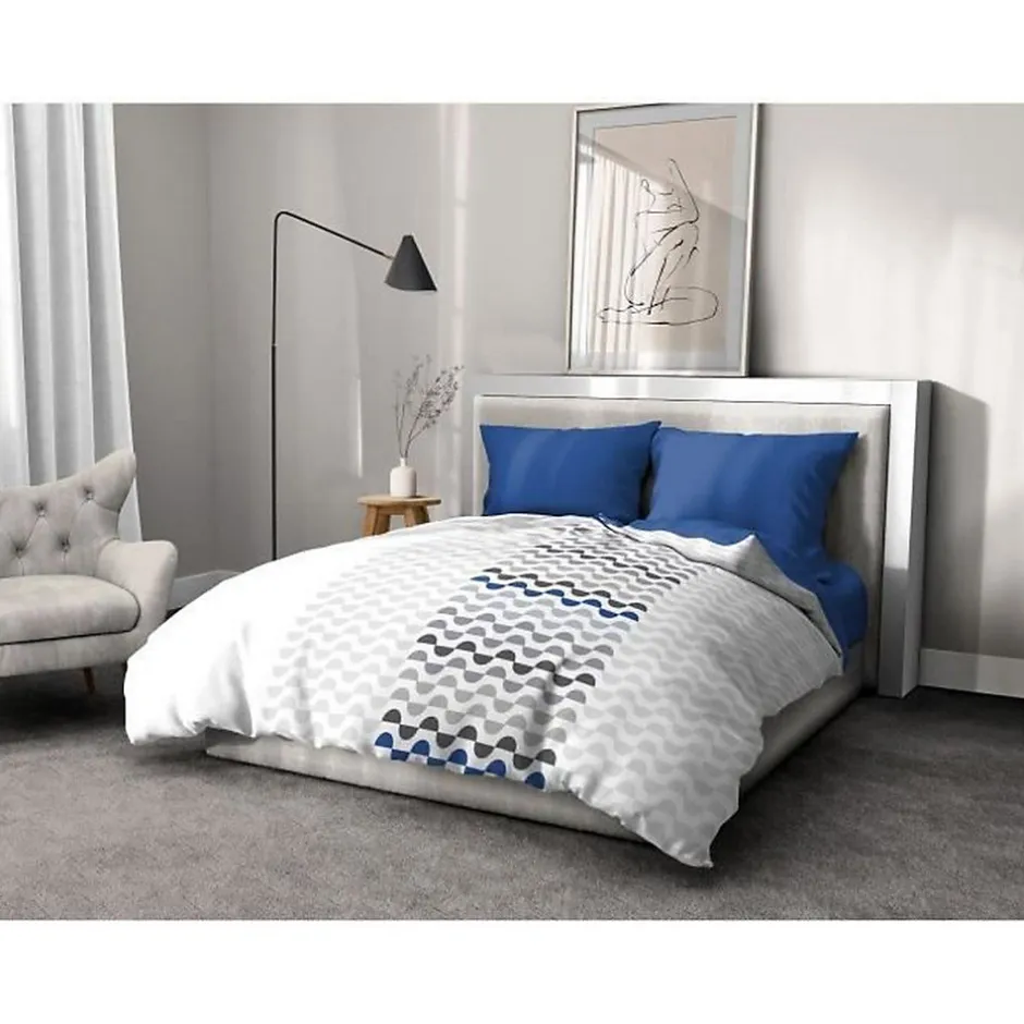 Home Linge Passion Parure de couette microfibre AMBROISIE - 1 housse de couette 220 x 240 cm + 2 taies d'oreiller 63 x 63 cm - Bleu