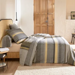 Linnea Parure de drap 3 pièces : drap 240x300 cm taies 65x65 cm 100% flanelle de coton JULES gris/jaune