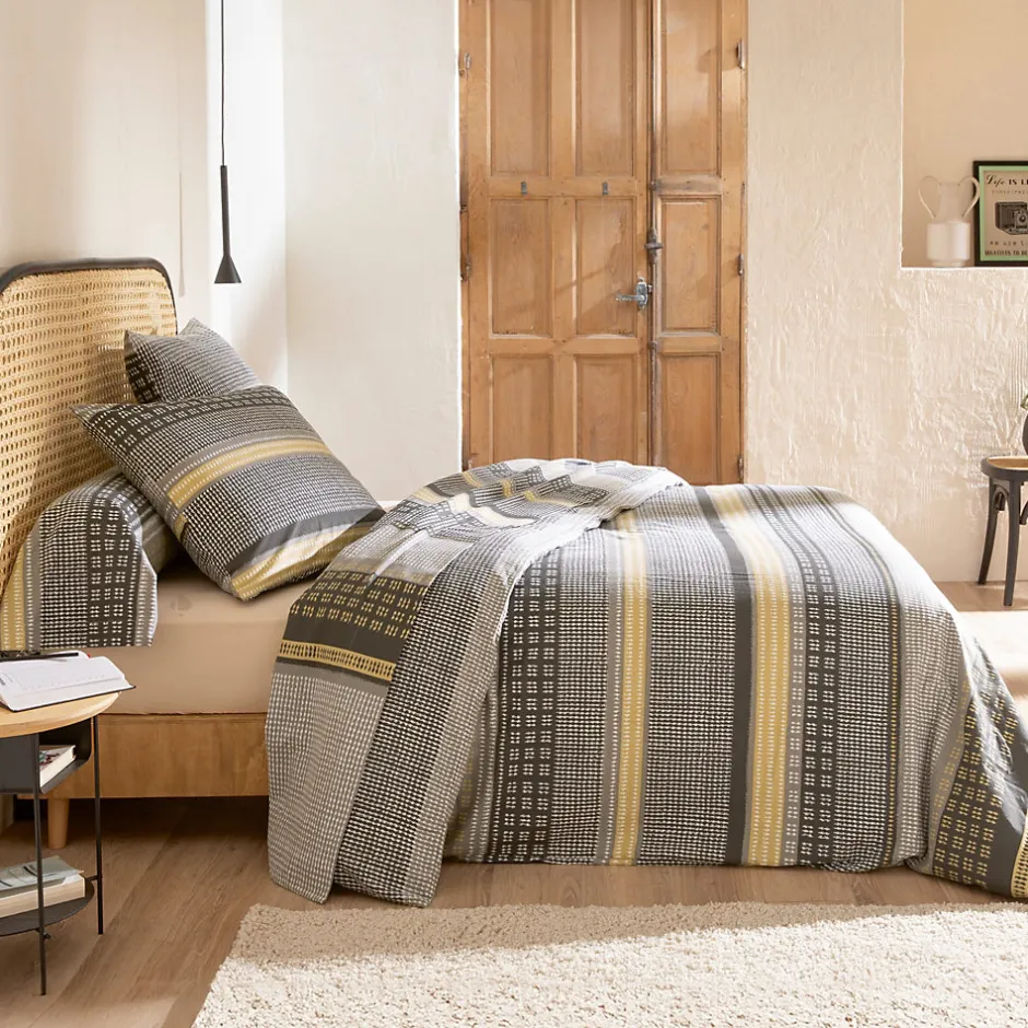 Linnea Parure de drap 3 pièces : drap 240x300 cm taies 65x65 cm 100% flanelle de coton JULES gris/jaune
