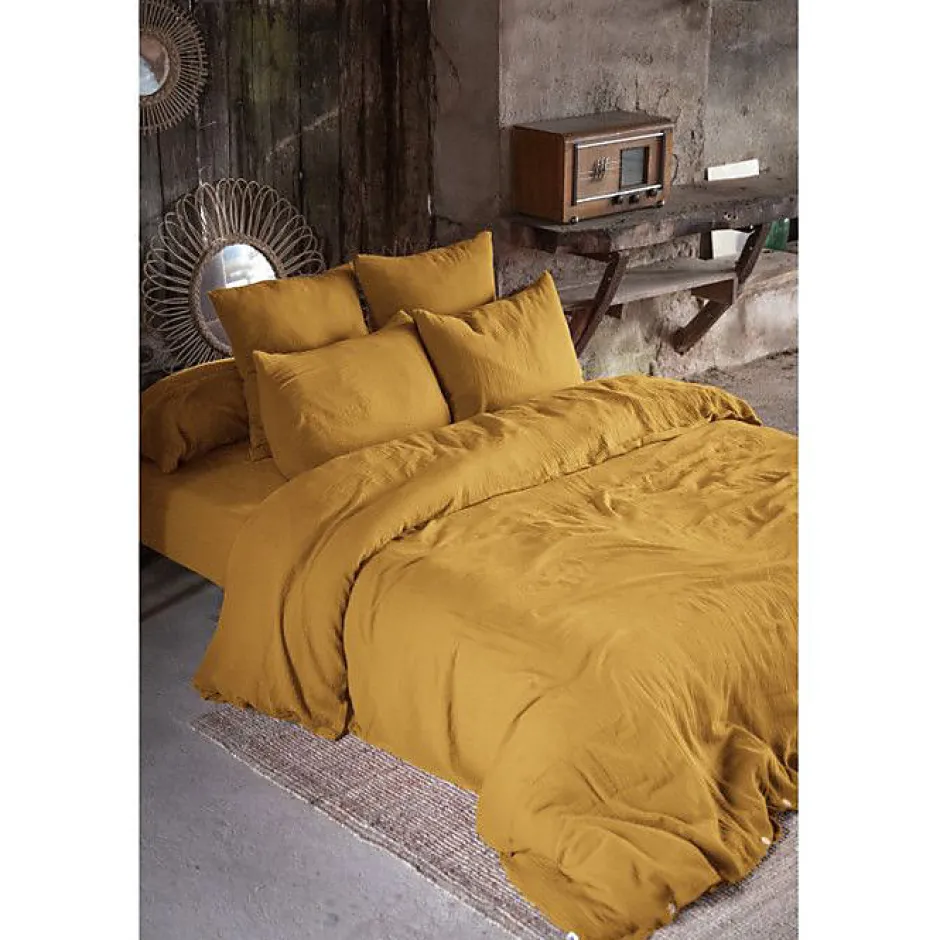 L'Effet Papillon Parure de draps 4 pièces & 5 pièces "Gaïa" Gaze de Coton - Gaïa Safran - Parure de draps 4 pièces (1 Drap plat 240 x 300 + 1 Drap