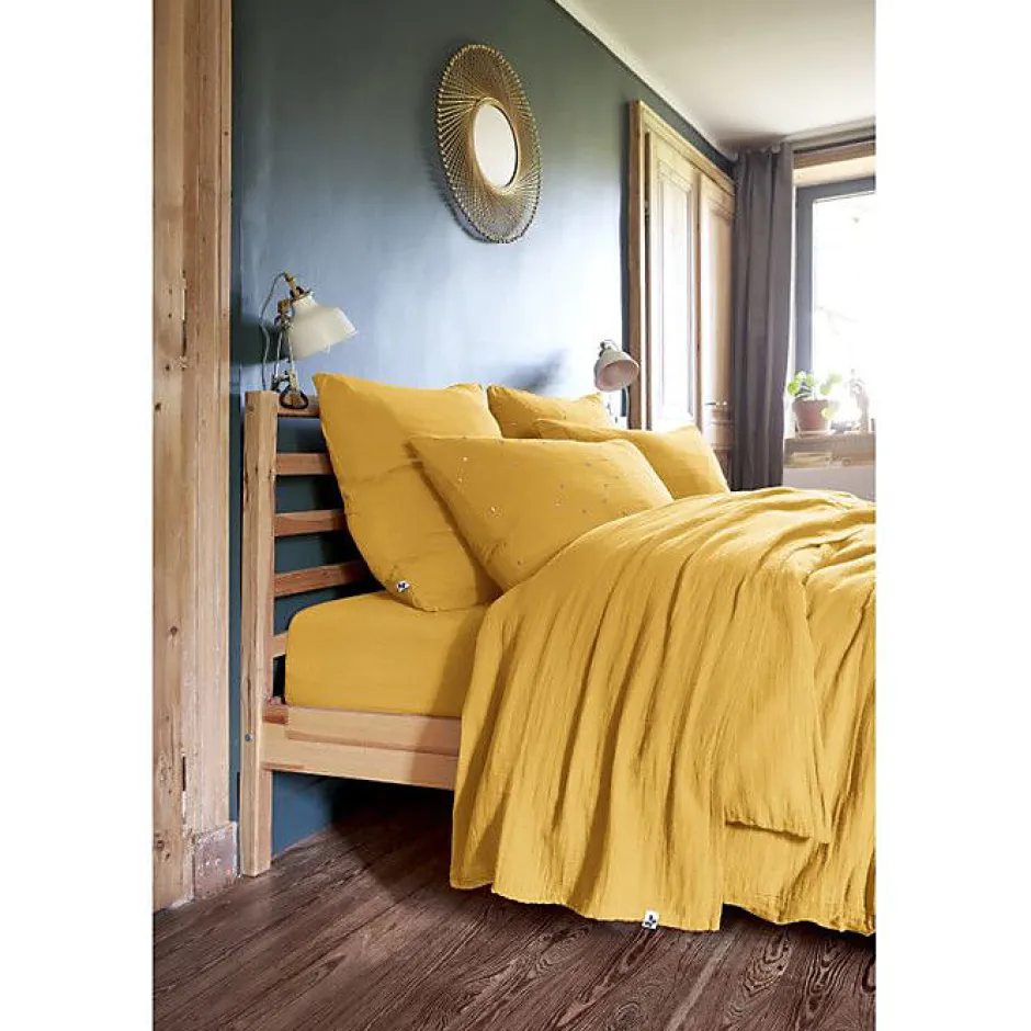 L'Effet Papillon Parure de draps 4 pièces & 5 pièces "Gaïa" Gaze de Coton - Gaïa Safran - Parure de draps 5 pièces (1 Drap plat 240 x 300 + 1 Drap