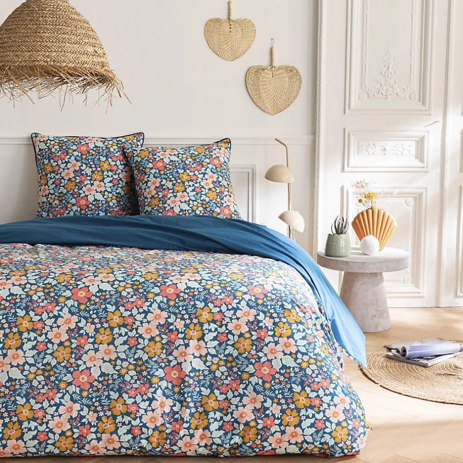 Future Home Parure de lit 2 personnes en coton 57 fils imprimé bleu 240x220cm Clearance