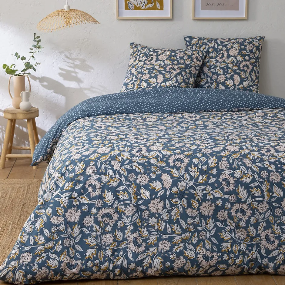 Future Home Parure de lit 2 personnes en percale 70 fils imprimé bleu