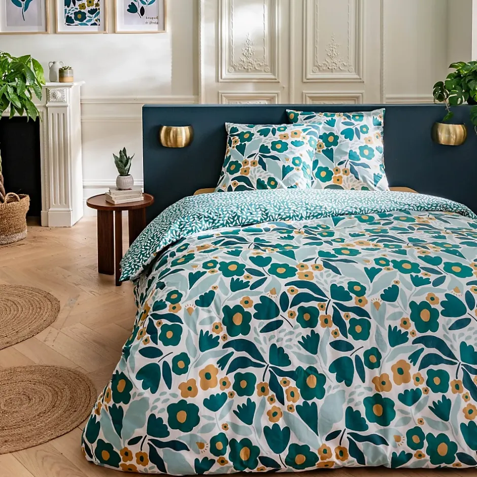 Future Home Parure de lit 2 personnes en coton 57 fils imprimé vert 260x240cm Clearance
