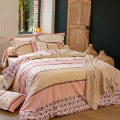 Linnea Parure de lit 3 pièces : housse 260x240 cm et taies 50x70 cm coton INOUK rose/beige Outlet
