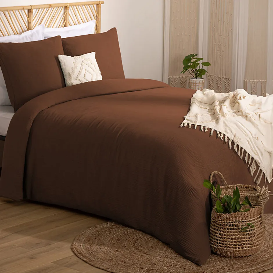 Atmosphera Créateur D'Intérieur Parure de lit 3 pièces Flora gaze de coton marron 260x240cm - Atmosphera