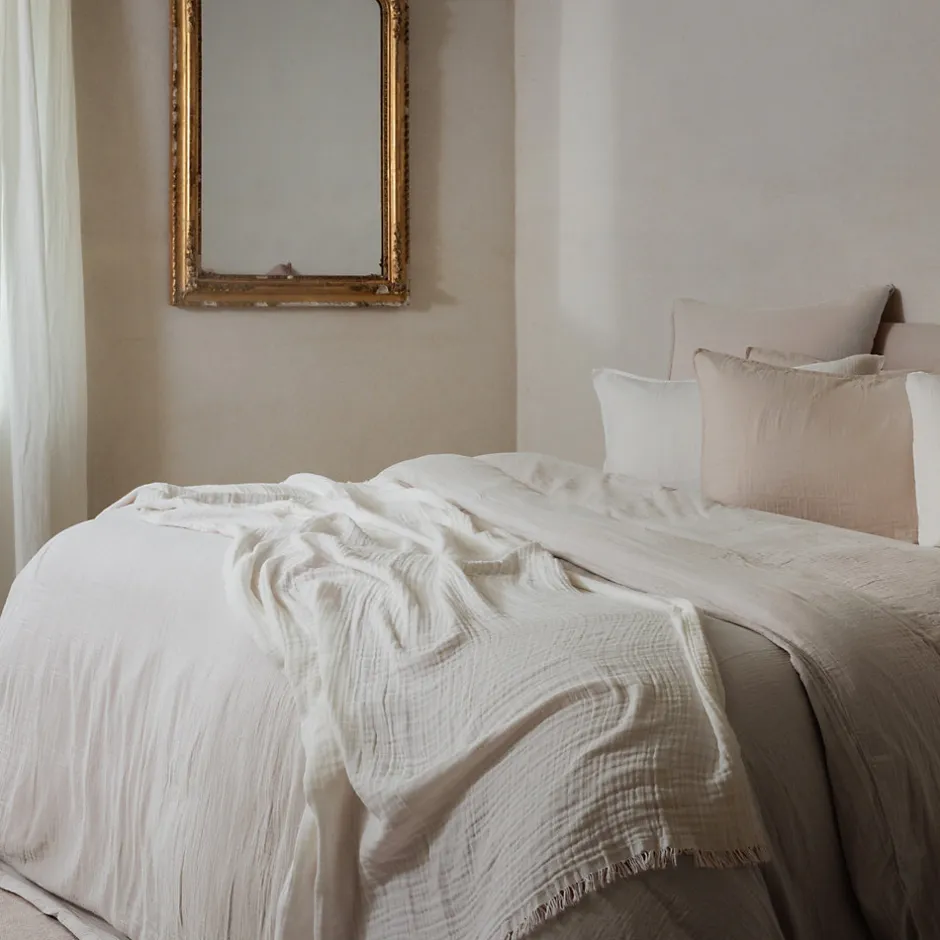Linnea Parure de lit 3 pièces 240x220 cm et 65x65 cm mousseline de coton MILOS beige ficelle