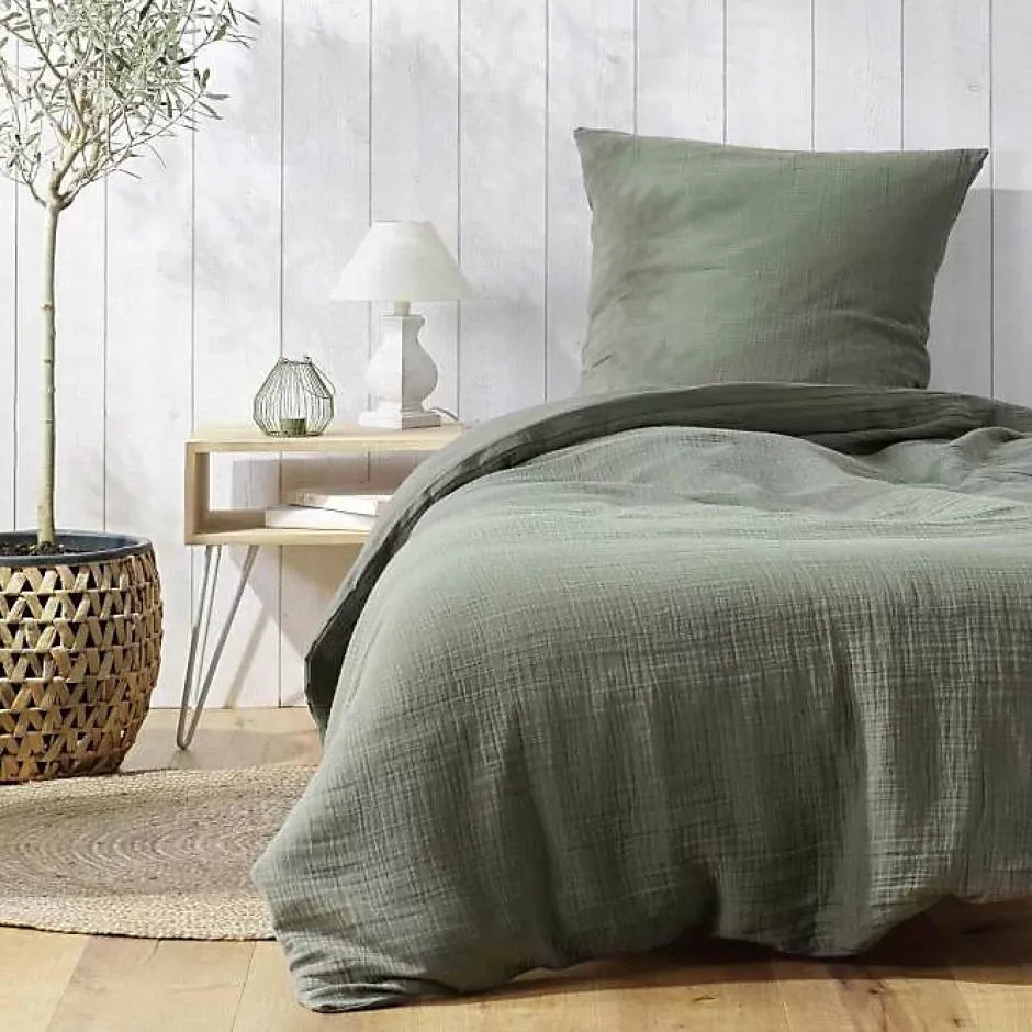 Douceur D'Intérieur Parure de lit 140 x 200 cm double gaze coton uni 57 fils Angelia Kaki Best