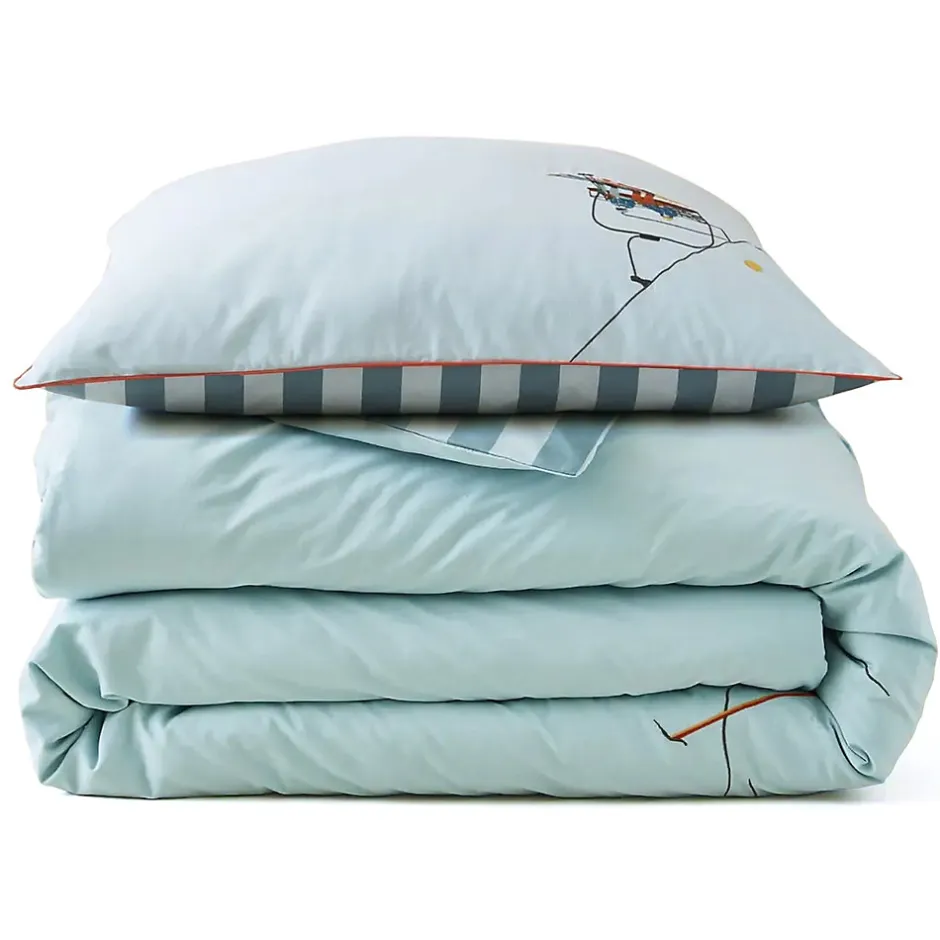 Linnea Parure de lit brodée 2 pièces : housse 140x200 cm et taie 65x65 cm en percale de coton PASSE MONTAGNE bleu givré