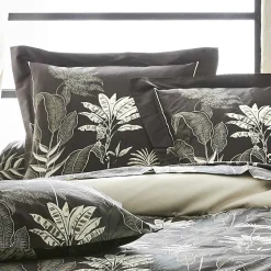 Tradilinge Parure de lit en satin aux feuilles tropicales (200x200 cm - Gris anthracite)