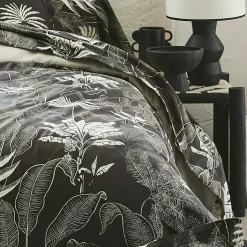 Tradilinge Parure de lit en satin aux feuilles tropicales (200x200 cm - Gris anthracite)