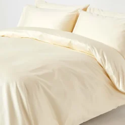 Homescapes Parure de lit en satin de coton égyptien 1000 fils ivoire, 200x200cm -