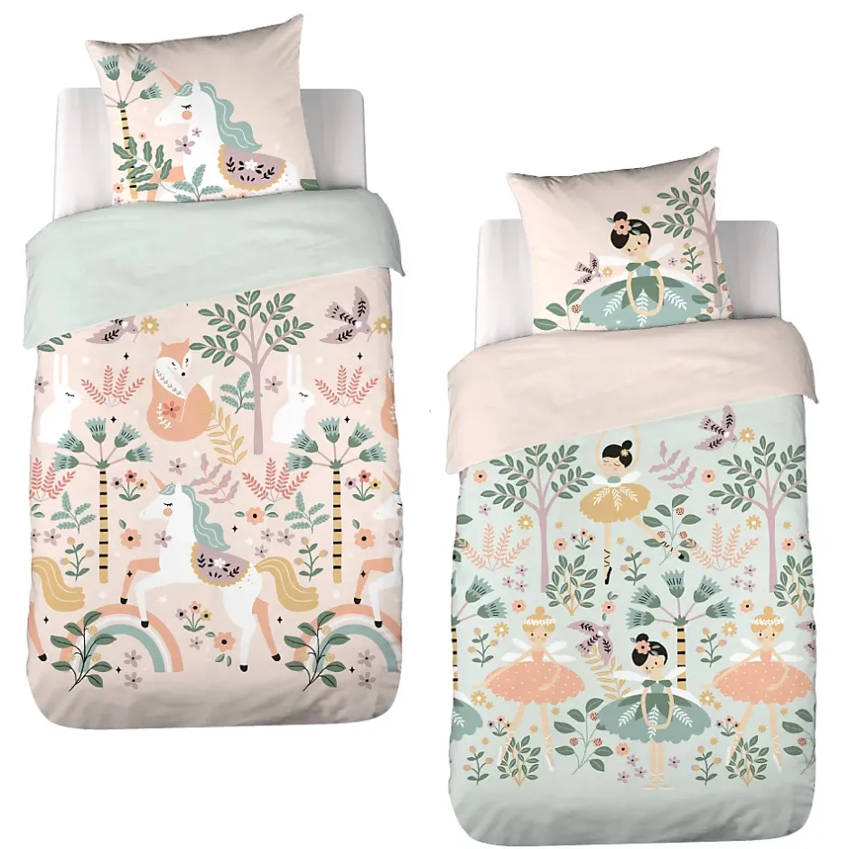 Côté Déco Parure de lit enfant Licorne - 140x200 cm + 1 taie - Coton 57 fils,cm² - 140x200cm - Rose