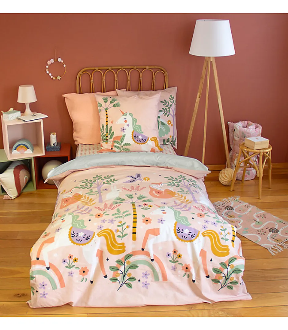 Côté Déco Parure de lit enfant Licorne - 140x200 cm + 1 taie - Coton 57 fils,cm² - 140x200cm - Rose