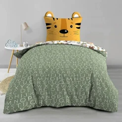 Douceur D'Intérieur Parure de lit enfant TIGRY 140x200 cm 100% coton 1 taie tête de tigre Réversible alphabet & jungle