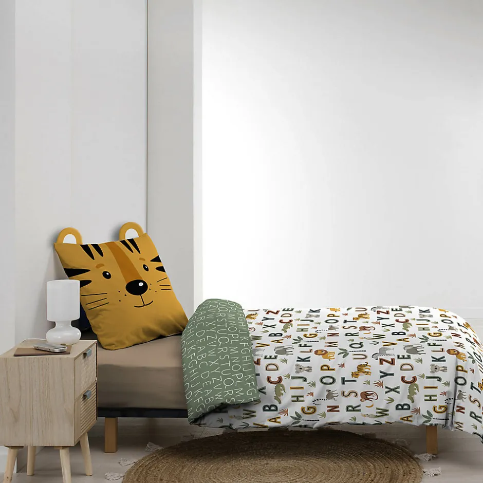 Douceur D'Intérieur Parure de lit enfant TIGRY 140x200 cm 100% coton 1 taie tête de tigre Réversible alphabet & jungle