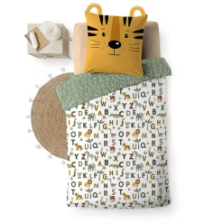 Douceur D'Intérieur Parure de lit enfant TIGRY 140x200 cm 100% coton 1 taie tête de tigre Réversible alphabet & jungle