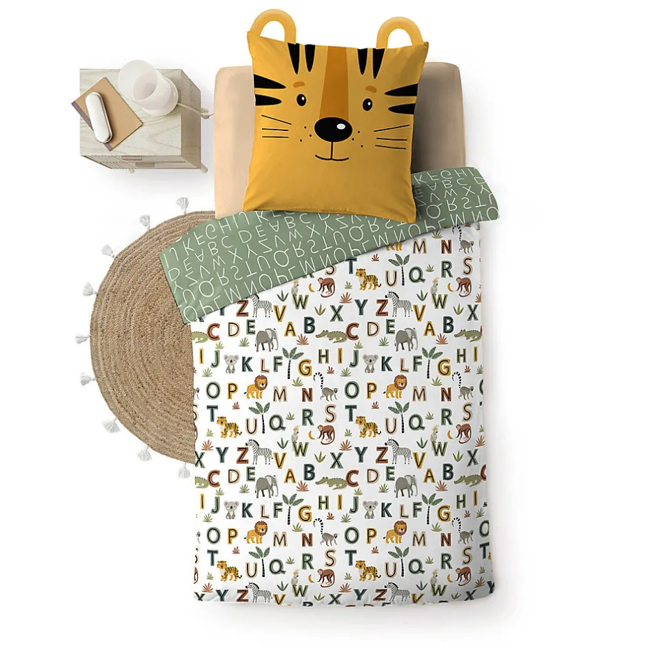 Douceur D'Intérieur Parure de lit enfant TIGRY 140x200 cm 100% coton 1 taie tête de tigre Réversible alphabet & jungle
