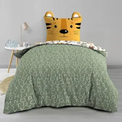 Douceur D'Intérieur Parure de lit enfant TIGRY 140x200 cm 100% coton 1 taie tête de tigre Réversible alphabet & jungle