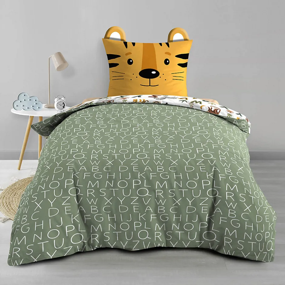 Douceur D'Intérieur Parure de lit enfant TIGRY 140x200 cm 100% coton 1 taie tête de tigre Réversible alphabet & jungle
