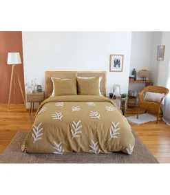 Côté Déco Parure de lit FEUILLU - 240x220 cm - Coton lavé tufté - 52 fils,cm² - Moutarde - 220x240cm - Moutarde