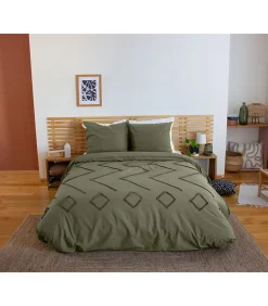 Côté Déco Parure de lit KAYL - 240x220 cm - Coton BCI lavé tufté - 52 fils,cm² - Kaki - 220x240cm - Vert kaki Discount