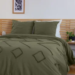 Côté Déco Parure de lit KAYL - 240x220 cm - Coton BCI lavé tufté - 52 fils,cm² - Kaki - 220x240cm - Vert kaki Discount