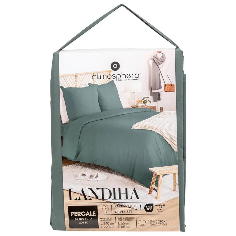 Atmosphera Créateur D'Intérieur Parure de lit Landiha Percale vert jade 240x220cm - Atmosphera