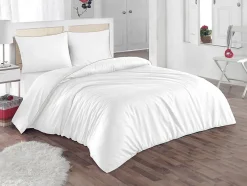 Vente-unique Parure de lit percale de coton 80 fils/cm² - Housse de couette 220 x 240 cm + 2 taies d'oreiller 63 x 63 cm - Blanc passepoil