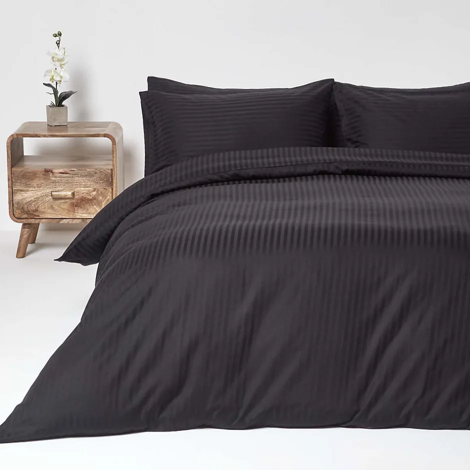 Homescapes Parure de lit satin rayé en coton égyptien 330 fils noir, 230x220cm -