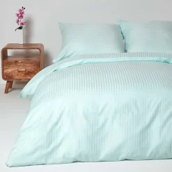 Homescapes Parure de lit satin rayé en coton égyptien 330 fils bleu, 155x220cm -