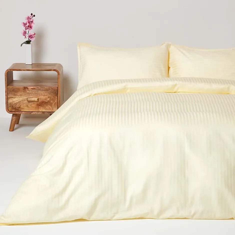 Homescapes Parure de lit satin rayé en coton égyptien 330 fils jaune pâle, 200x200cm - New