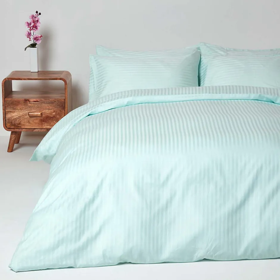 Homescapes Parure de lit satin rayé en coton égyptien 330 fils bleu, 200x200cm -