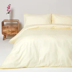 Homescapes Parure de lit satin rayé en coton égyptien 330 fils jaune pâle, 230x220cm - New
