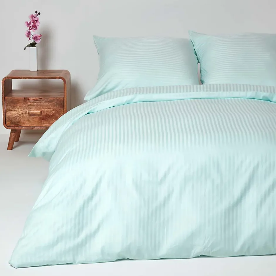 Homescapes Parure de lit satin rayé en coton égyptien 330 fils bleu, 240x220cm - Online
