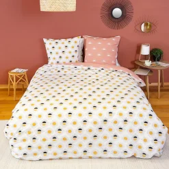 Linnea Parure de lit TERRAMEA 260x240 cm pur coton blanc motifs solaires 3 pièces Discount
