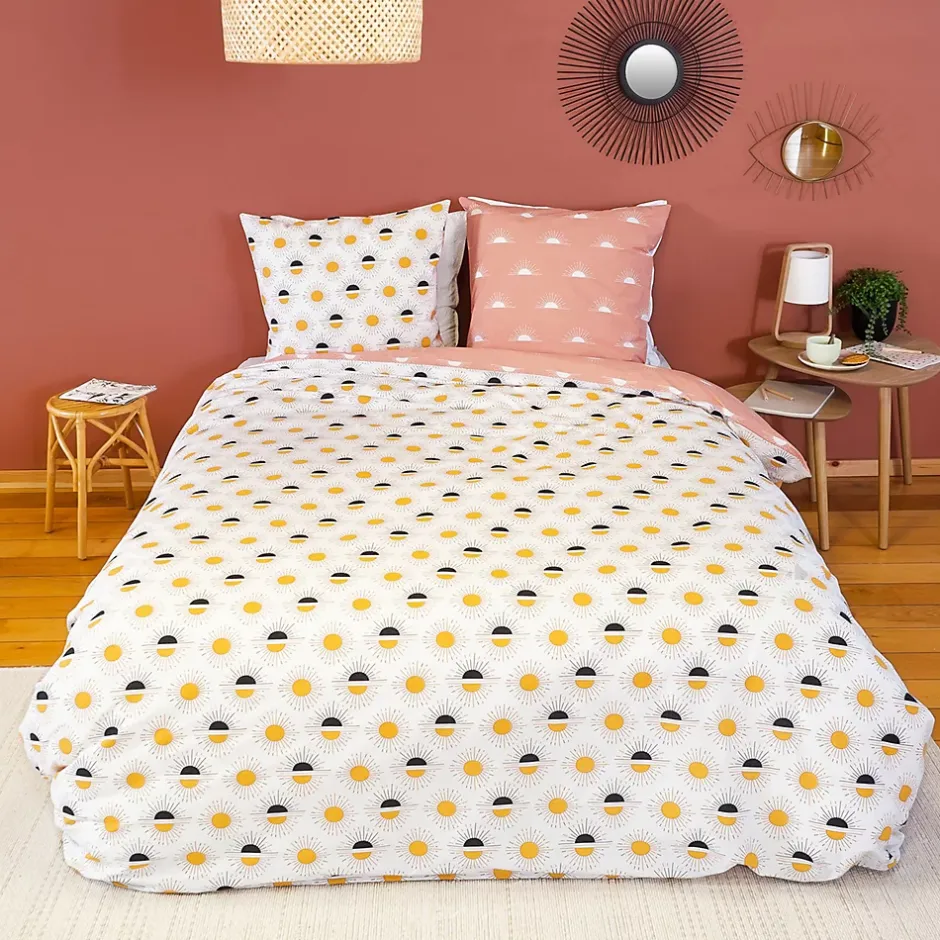 Linnea Parure de lit TERRAMEA 260x240 cm pur coton blanc motifs solaires 3 pièces Discount