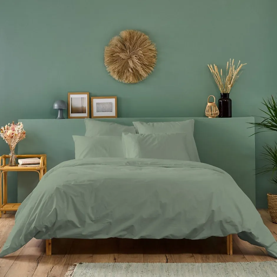 Bleu Calin Parure de lit unie 2 personnes 240x260cm PERCALE SAUGE