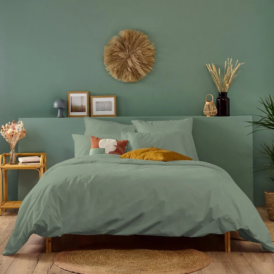 Bleu Calin Parure de lit unie 2 personnes 240x260cm PERCALE SAUGE