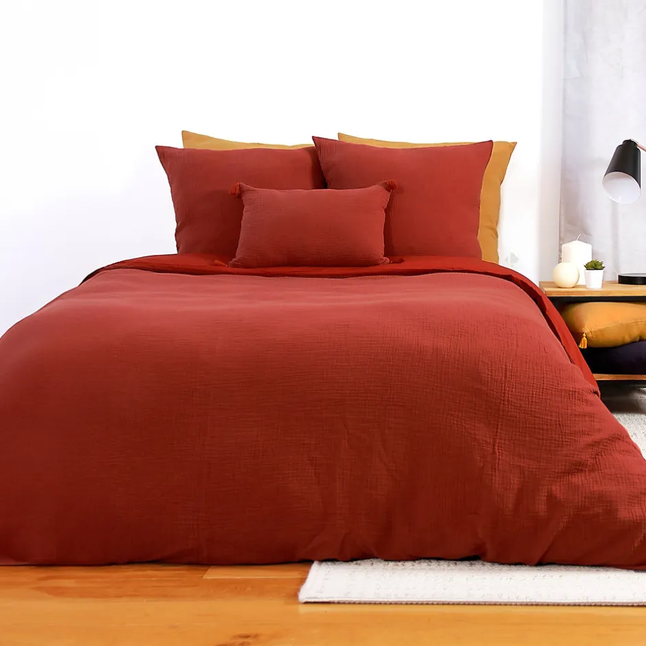 Linnea Parure de lit 260x240 cm double gaze de coton GAZGAZ rouge ocre 3 pièces