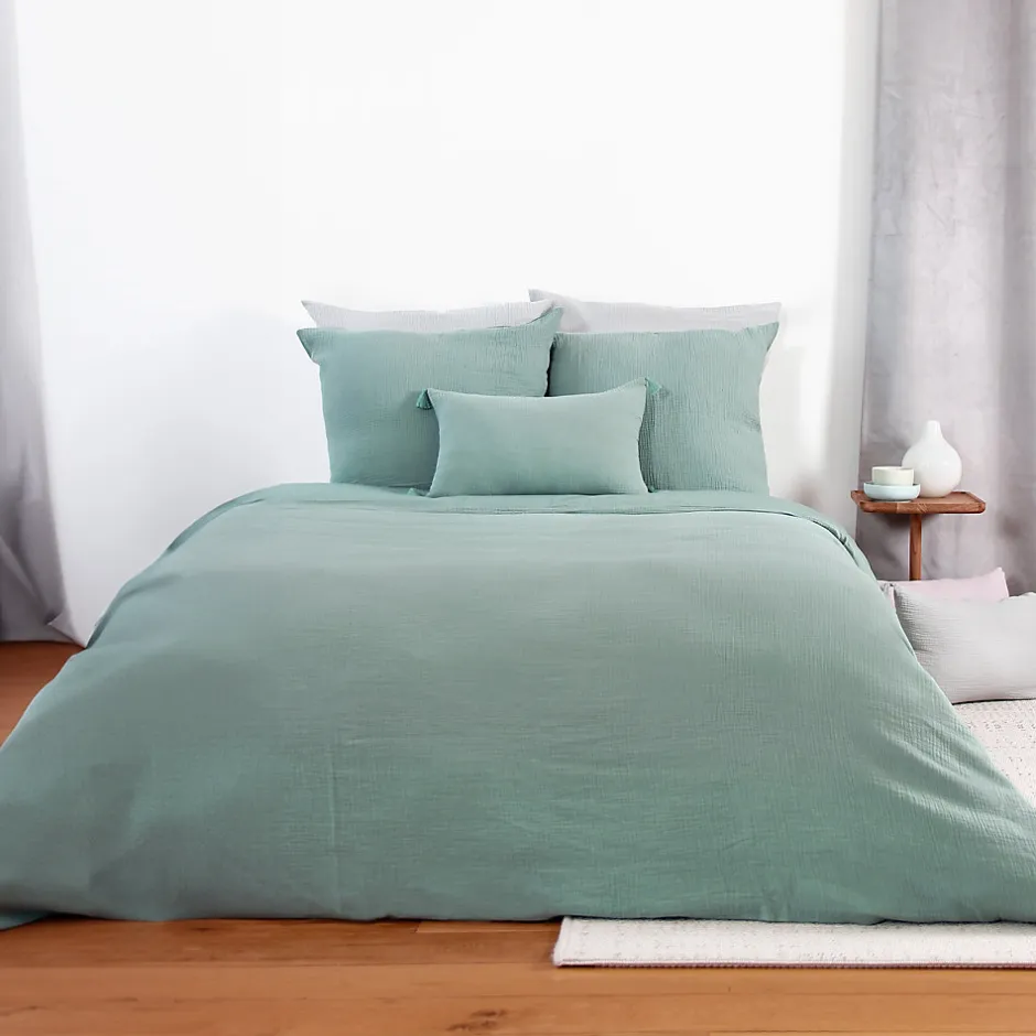 Linnea Parure de lit 240x220 cm double gaze de coton GAZGAZ vert amande 3 pièces